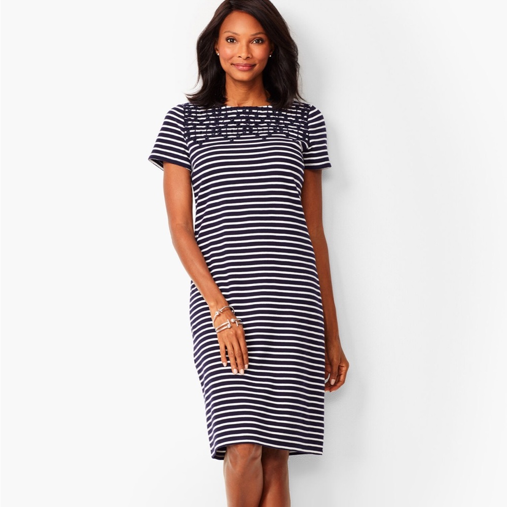 Talbots NEW Embroidered Dress Navy Large Floral Stripe Coastal Office Casual